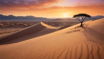 Lone Tree on Desert Dune at Sunset with Mountains in Background photo