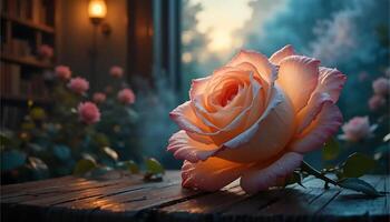 Close-up of Peach Rose on Wood Surface with Soft Lighting photo