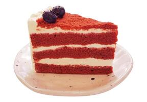 Red velvet cake isolated on white background. slice of red velvet cake clipping path isolated object. right view red velvet cake on the dish clipart for isolated , clipping path , clipart element photo