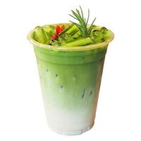 Green tea ice refreshment isolated on white background. green tea closeup beverage clipping path isolated object. green tea and flower topping clipart for isolated , clipping path , clipart element photo