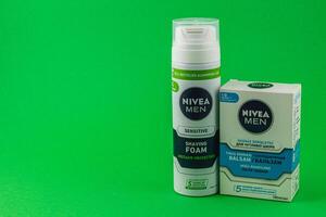 24.03.25 Lviv Ukraine Skincare products for men displayed on a green background photo