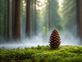 Misty forest close-up of a single pine cone resting on damp moss enchanting nature scene serene environment photo