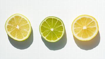 Slices of fresh lemon and lime arranged in row photo