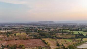 An aerial view of a valley and fields photo