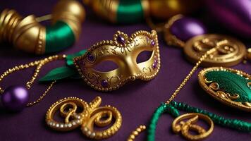 Golden carnival mask with purple feathers and beads on dark background photo