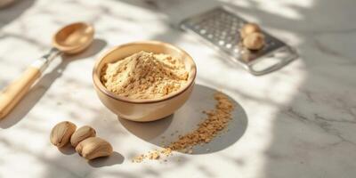 Composition of Grated Powder Ingredients in Bright Sunlight with a Grater photo