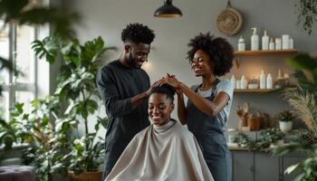 Hair salon setting with a smiling client receiving a hairstyle. Two stylists collaboratively work on the client's hair, displaying a warm and friendly atmosphere in a modern salon. photo
