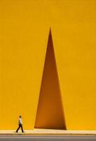 Man walks along sidewalk beside a large, bright yellow building with striking geometric design. The image captures minimalism and contrasts human scale against an architectural feature. photo