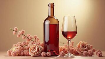 A wine bottle and glass accompanied by decorative flowers create a sophisticated and romantic setting with warm tones. photo
