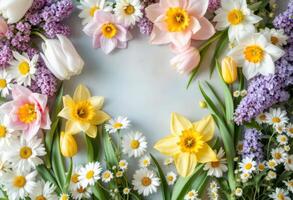 A colorful floral arrangement featuring tulips, daisies, daffodils, and lilacs. The design radiates freshness and elegance, making it perfect for spring-themed projects. photo