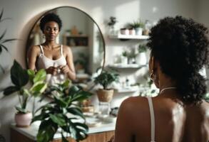 A woman with a joyful expression admires herself in a mirror, surrounded by plants and skincare products on a wooden vanity. She wears a white robe, suggesting a moment of self-care and relaxation. photo