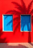 Bright red wall featuring striking blue windows, enhanced by a bold shadow of palm tree leaves. The interplay of color and shadow creates a tropical, artistic effect. photo