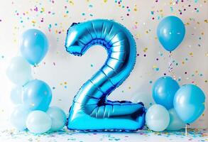 A festive celebration of the second birthday with balloons and confetti in blue pastel tones, an inflatable balloon with the number 2 on a white background photo