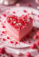 Heart-shaped mousse cake for Valentine's Day with copy space for text. Dessert with Valentine's Decorations and Powdered Sugar Garnish photo