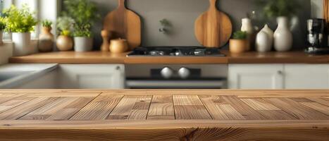 Wooden surface of table with blurred kitchen background photo