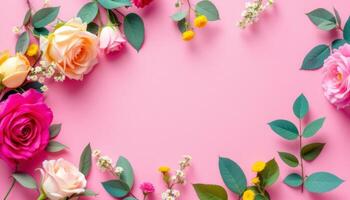 Colorful floral composition featuring various types of roses and petals against a pink backdrop, evoking charm and elegance photo