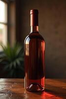 A close-up view of a wine bottle beautifully lit on a rustic wooden table, creating a warm and inviting atmosphere. photo