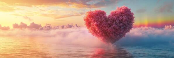 Heart-shaped rainbow flowers floating on calm water under vibrant skies photo
