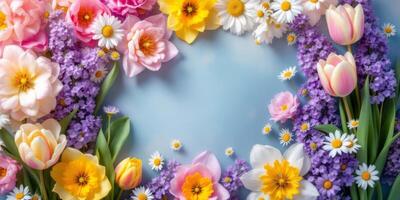 Colorful arrangement of spring flowers including tulips and daisies forming a border on a pastel blue background, perfect for seasonal themes and creative design projects photo