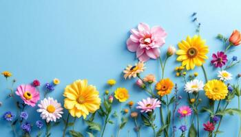 Bright and vibrant floral arrangement featuring vivid summer blooms spread around a blue backdrop, creating a lively and cheerful atmosphere. photo