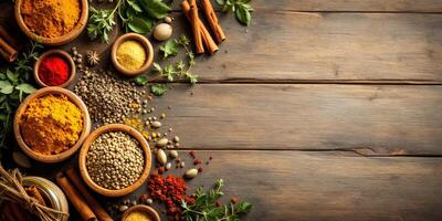 Herbs and spices background with a rustic wooden table and various seasonings photo