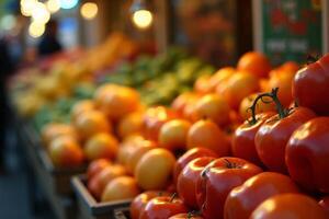Vibrant fruit baskets at an outdoor market featuring apples, citrus, and others under sunlight, with shoppers browsing in the background. photo
