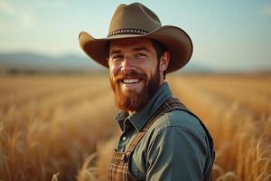 A confident cowboy stands adorned with a wide-brim hat amidst a sunlit field, encapsulating themes of strength, connection to nature, and the quintessential rural lifestyle. photo
