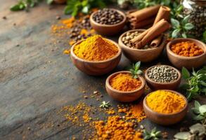 Beautiful assortment of fresh herbs and colorful spices placed on a rustic wooden table. Ideal for culinary themes, recipes, and organic living concepts. photo