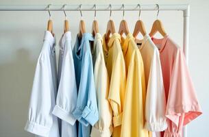 Assorted pastel shirts neatly arranged on wooden hangers create a colorful and organized display. This image highlights fashion, clothing organization, and variety in a wardrobe setting. photo