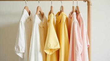 Neatly arranged collection of shirts in white, yellow, and pink hues displayed on a wooden rack. Represents clean organization, wardrobe essentials, and fashion color palette. photo