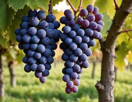 Ripe purple grapes on vines in bright vineyard. High quality close-up suitable for your agricultural or beverage-related imagery needs. photo