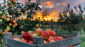 A picturesque scene of ripe apples in wooden crates under the soft glow of the setting sun, evoking freshness and natural abundance. photo