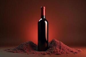 A red wine bottle placed on a textured, red-toned surface against a dim, warm-toned background conveying sophistication, luxury, and warmth. Perfect for themes of celebration, sophistication photo