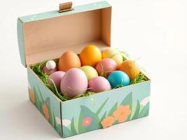 Pastel-colored Easter eggs in an open box decorated with flowers and grass, symbolizing springtime and celebration. Ideal for Easter themed designs and festive occasions. photo