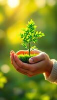 A woman's hand holding a small plant on a green background photo