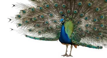 Peacock Displaying Its Feathers on White Background in Full Splendor photo