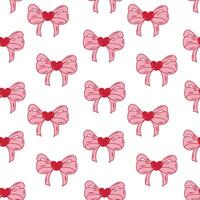 Beautiful pattern of pink bows with red hearts on a white background vector