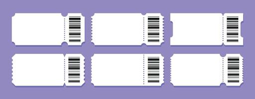 Collection of blank ticket designs on a purple background ready for print or customization vector