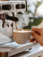 A person is holding a cup of coffee in front of an espresso machine photo