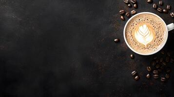 Coffee beans and a cup of coffee on a black background photo