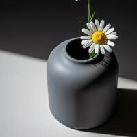 A single white daisy in a modern dark gray ceramic vase, illuminated by moody lighting, creating an elegant and artistic still life composition photo