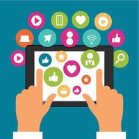 Hands Using a Tablet with Social Media Icons and Network Connections vector