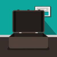 An Open Brown Suitcase Against a Teal Wall with a Picture Frame vector