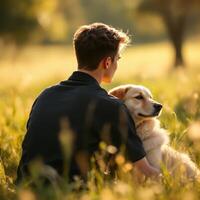A man sitting in a field with a dog photo
