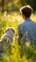 A man and his dog in a field photo