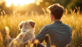 A man and his dog are sitting in a field at sunset photo