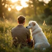 A man and his dog sitting in the grass photo