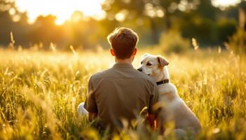 A man and his dog sitting in a field at sunset photo