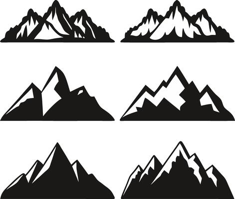 Collection of Six Black and White Mountain Peak s Various Shapes and Sizes