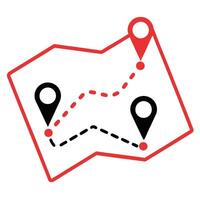Folded Map Showing a Route with Three Location Markers and a Dotted Line Path vector